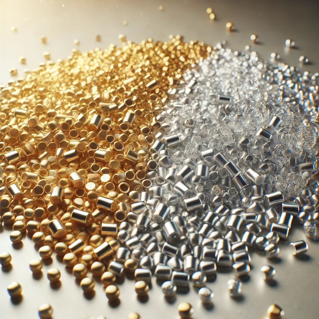 Grânulos de polímero em tons dourado e prata